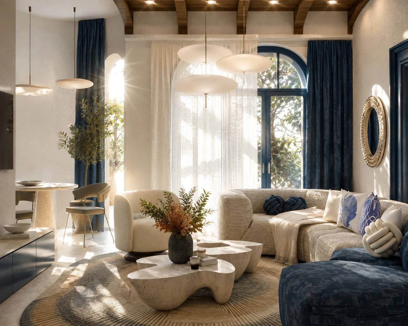 MARQUIS interior with natural materials, sculptural lighting and deep blue accents